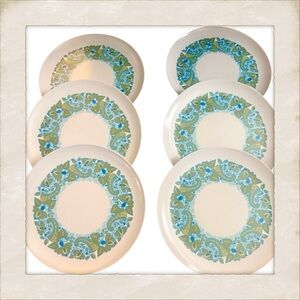1970’s Allied Chemical Melamine 9.5" Dinner Plates Lot in a Blue Green Paisley